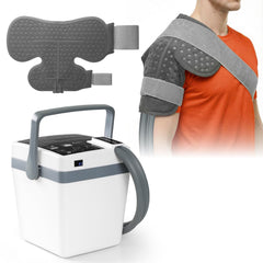 YOUKADA shoulder wrap in use for post-surgery relief with 360° cooling contact.