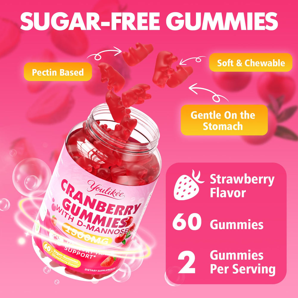 Youlikee Cranberry Gummies vegan sugar-free certification stamp.