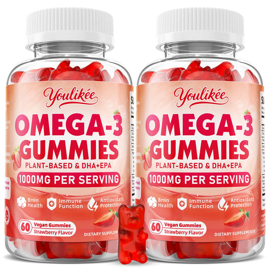 Youlikee vegan omega-3 gummies bottle showing strawberry flavor for daily nutrient support.