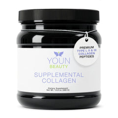 YOUN Beauty collagen powder jar closeup with unflavored formula for daily use