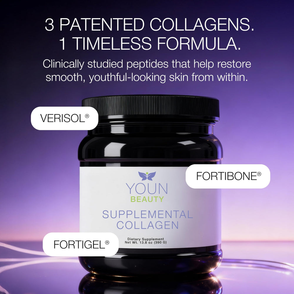 YOUN Beauty unflavored collagen powder scoop in front of bottle