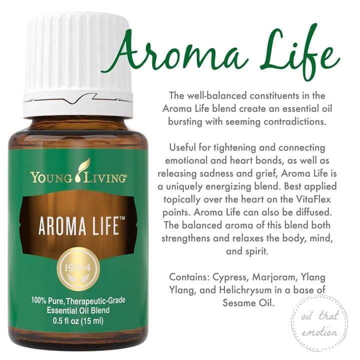 Close-up of Aroma Life bottle label showing premium-grade blend.