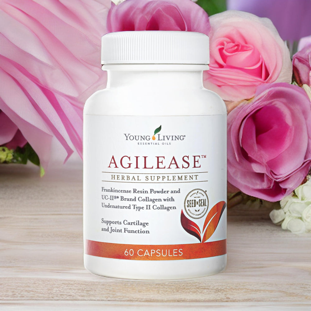 Young Living AgilEase label details emphasize natural ingredients for wellness.