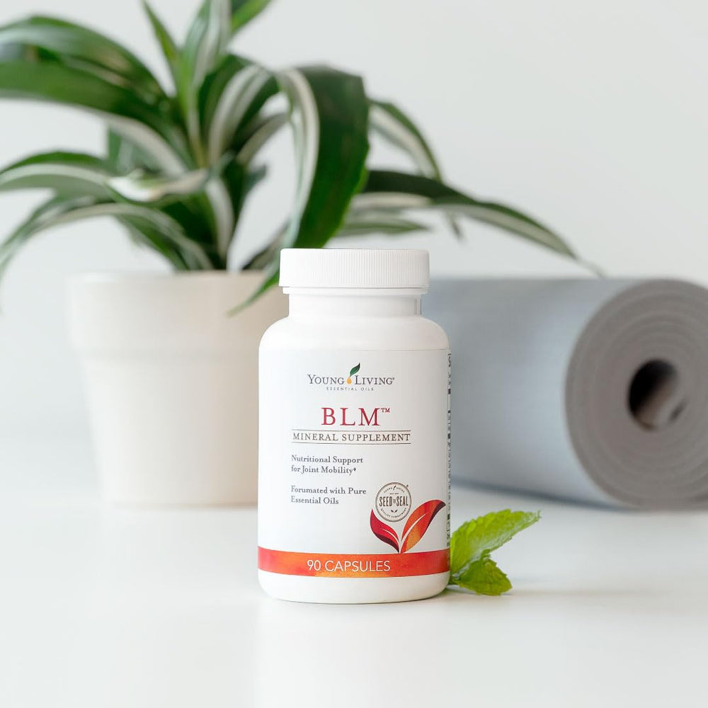 Young Living BLM capsules bottle back highlighting purity and ingredient transparency.