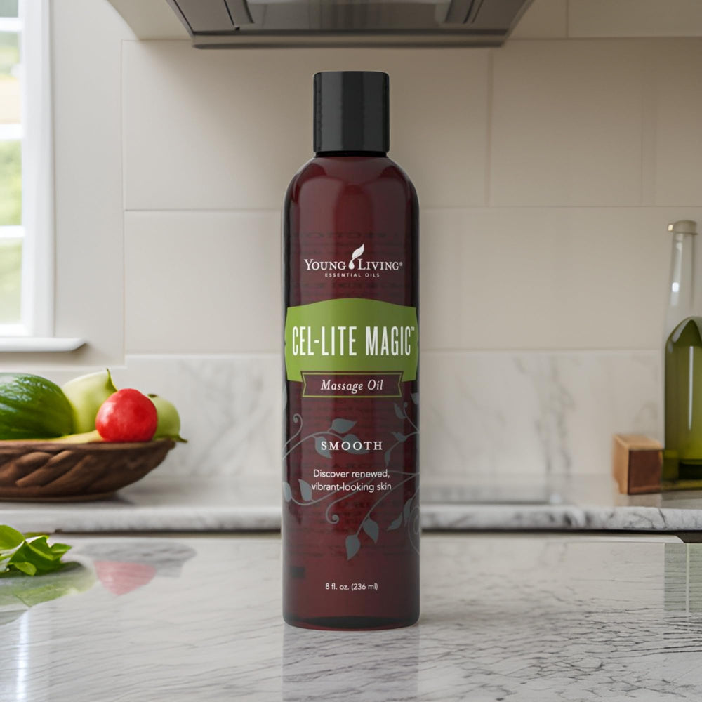 Pouring Cel-Lite Magic Massage Oil shows smooth glide for relaxing massage