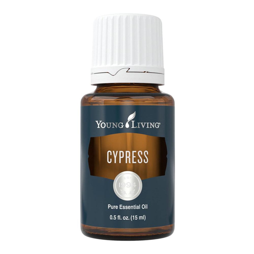 Young Living Cypress 15ml bottle pour for a crisp, refreshing aroma.