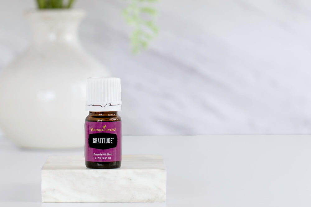 Young Living Gratitude bottle closeup highlighting purity for daily use.