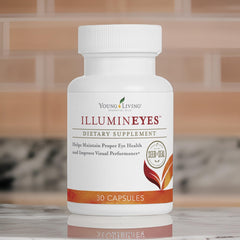 Young Living IlluminEyes vision-support graphic illustrating potential blue light benefits.