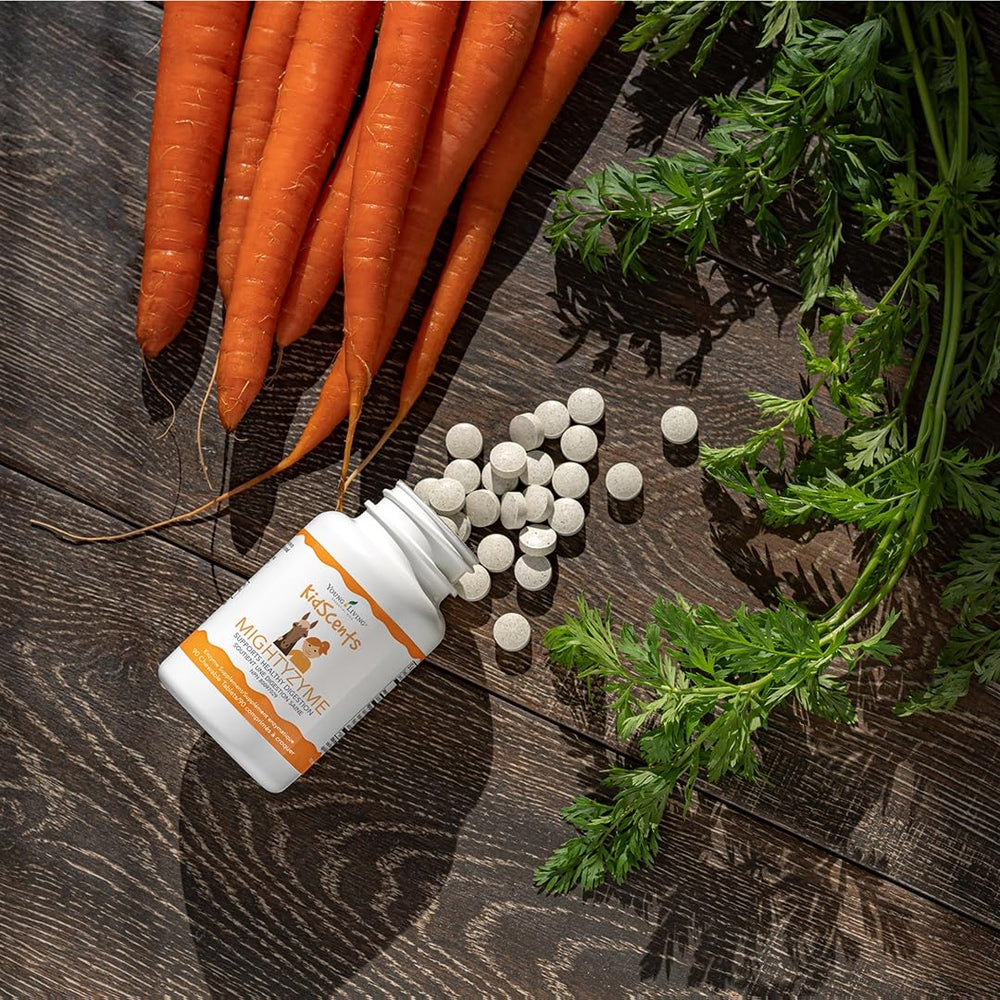 MightyZyme bottle label highlights natural, kid-friendly ingredients.