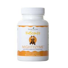Young Living KidScents MightyZyme bottle with chewables supports kid digestion.