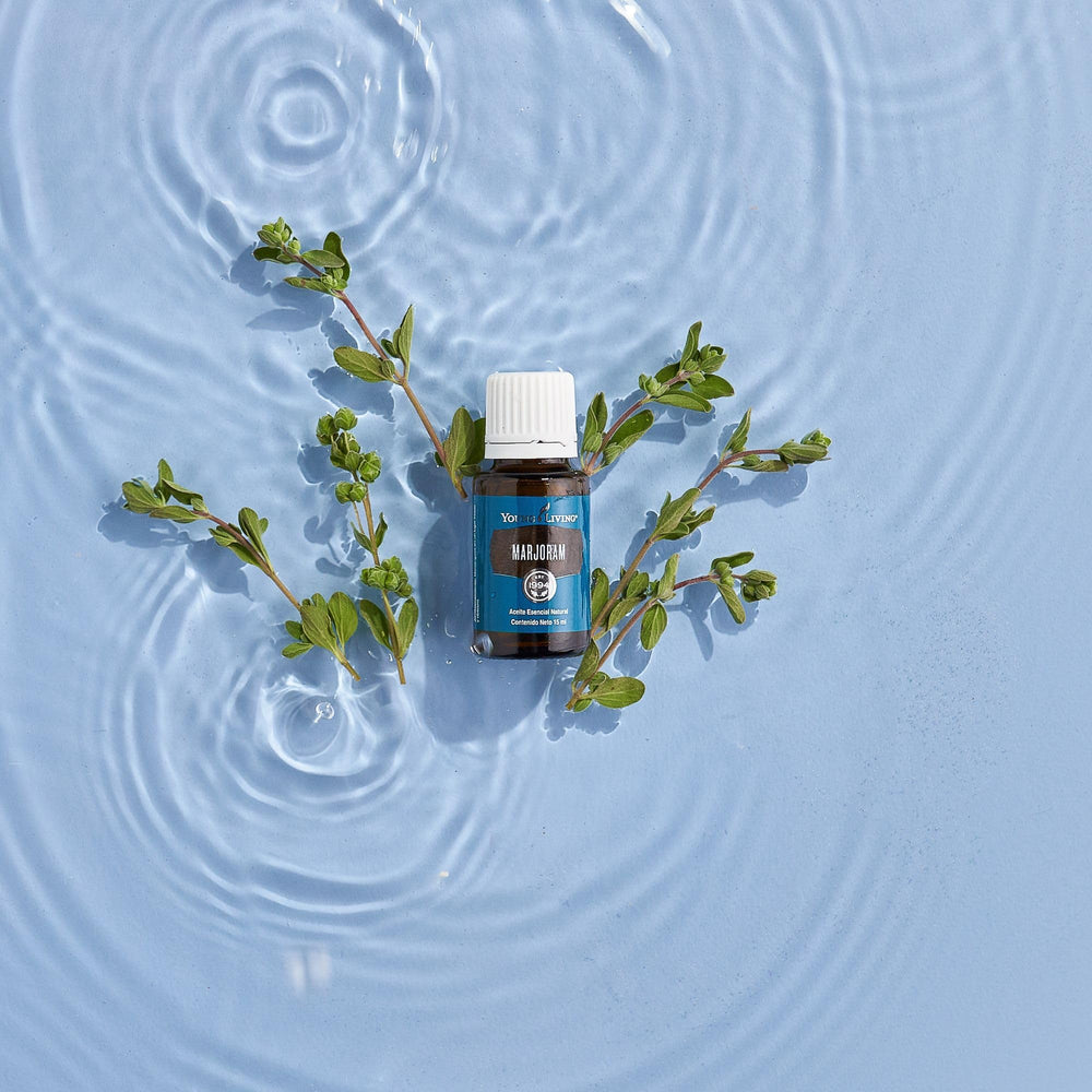 Young Living Marjoram at-home spa setup for relaxation routines