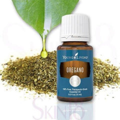 Close-up of Young Living Oregano Oil label showing pure oregano leaf/stem oil.