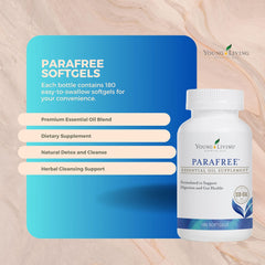 Young Living ParaFree Softgels packaging eco-friendly design and sustainability emphasis.