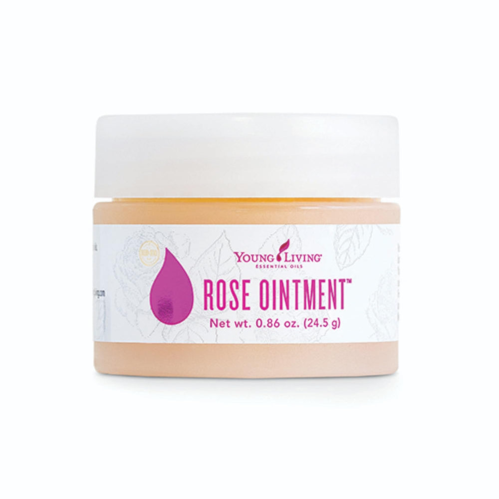Young Living Rose Ointment tube closeup shows creamy texture for moisturized skin.