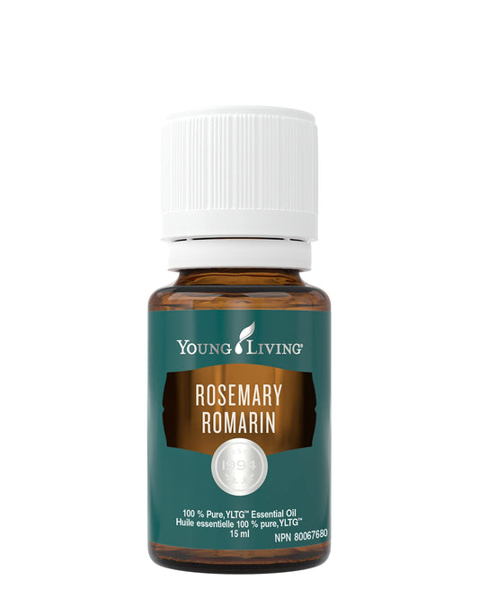 Young Living Rosemary Oil bottle with pour, highlighting a fresh herbaceous aroma.