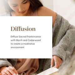 Young Living Sacred Frankincense diffuser setup fills space with serene woodsy notes for calm focus.
