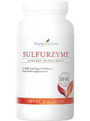Young Living Sulfurzyme powder tub on counter, may support joint comfort and digestion.