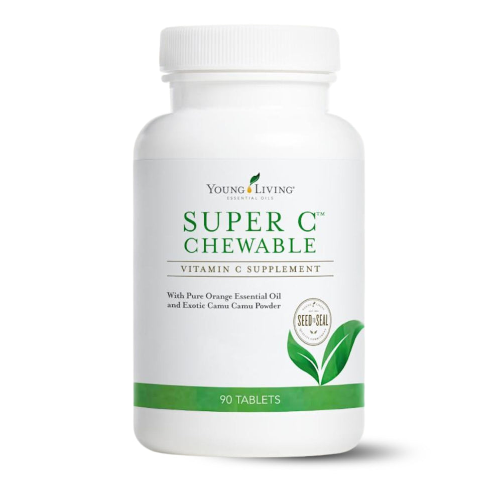 Young Living Super C chewable bottle front showing convenient vitamin C source for daily immunity.