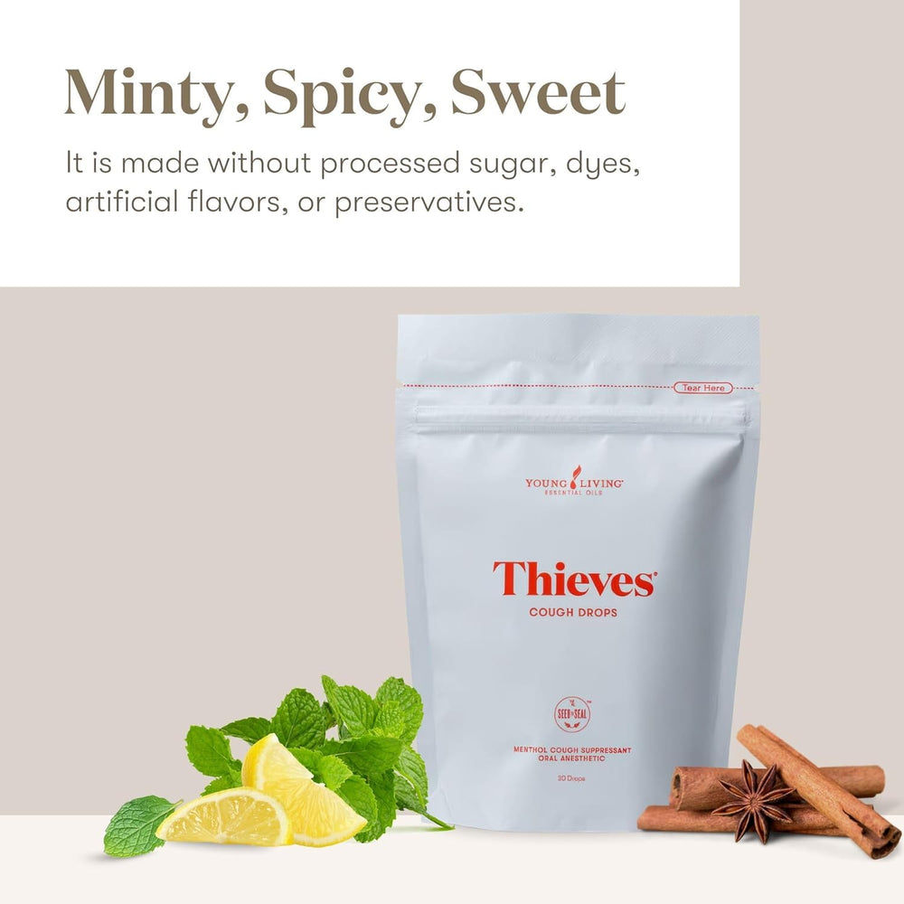 Back of box shows usage ideas for Young Living Thieves Cough Drops.
