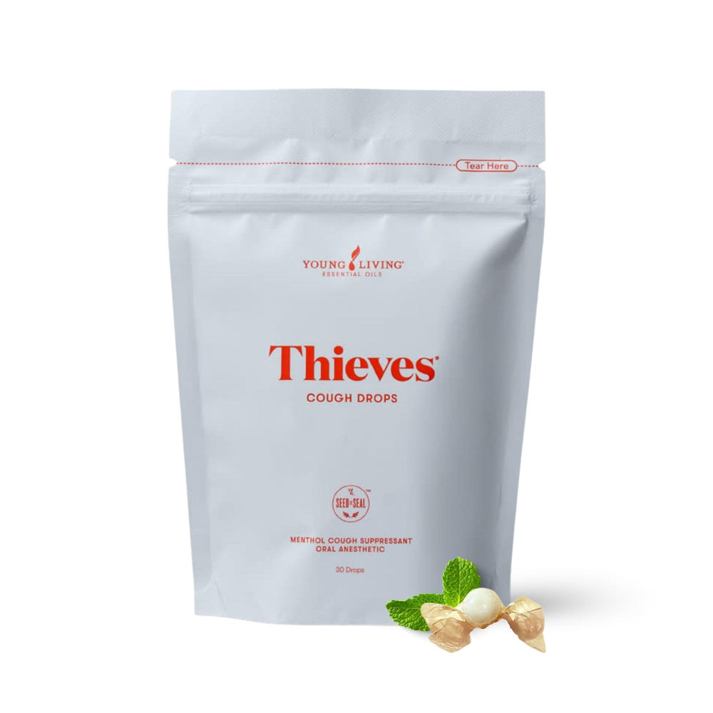 Young Living Thieves Cough Drops pack front for on-the-go throat comfort.