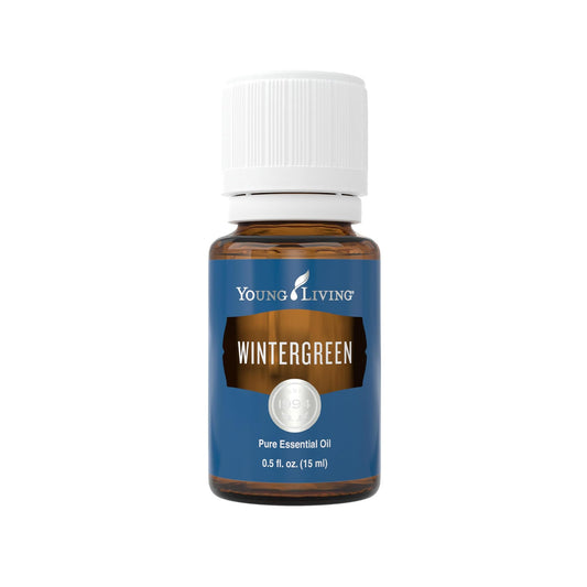 Young Living Wintergreen bottle pour showcases a refreshing, minty aroma perfect for soothing massage sessions.
