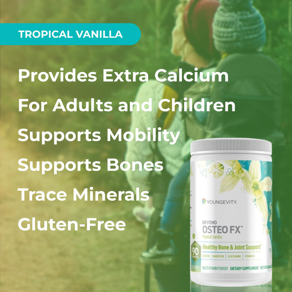 Glass of juice with Youngevity Beyond Osteo FX dissolved for daily nutrition
