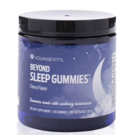 Youngevity Beyond Sleep Gummies bottle front showing tart cherry flavor and vegan formula.