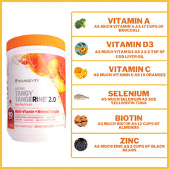 Youngevity Beyond Tangy Tangerine 2.0 feature panel lists essential nutrients.