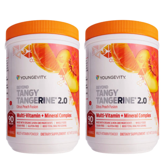 Youngevity Beyond Tangy Tangerine 2.0 bottle with citrus peach powder for daily nutrition.
