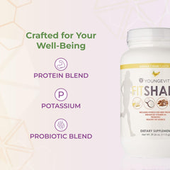 Youngevity FitShake Banana Cream ingredients blend highlights protein sources and enzymes.