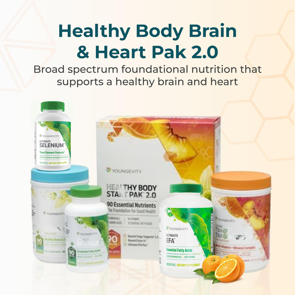 Youngevity Healthy Body Brain and Heart Pack 2.0 bottle label visible for balanced daily nutrition.