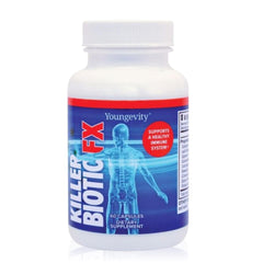 Youngevity Killer Biotic FX bottle with capsules supports daily immune health.