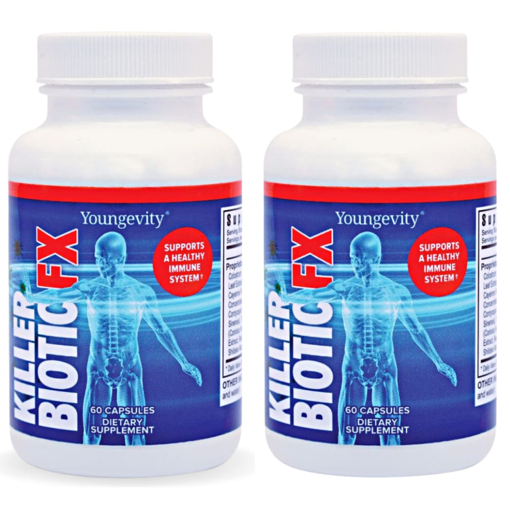 Youngevity Killer Biotic FX bottle supports daily immune resilience.