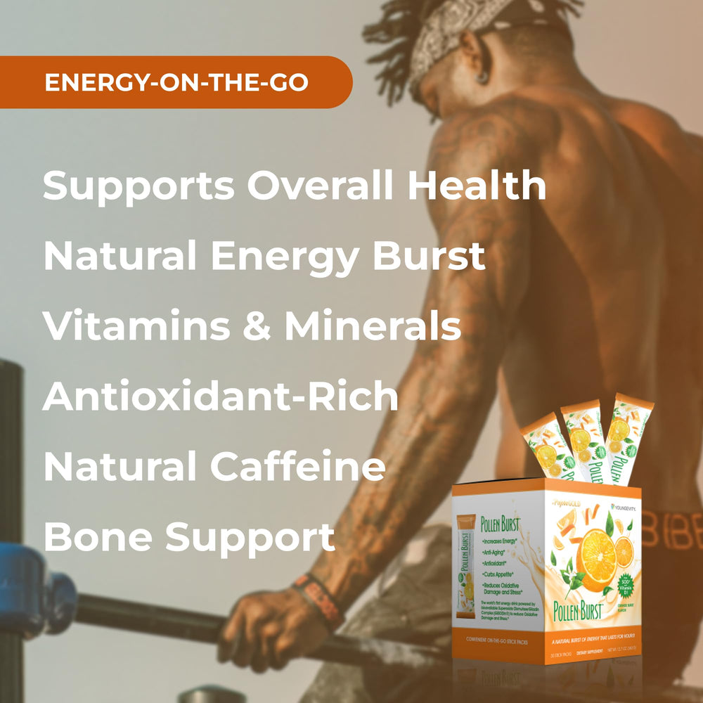 Bee pollen blend on packaging suggests natural vitality throughout the day.