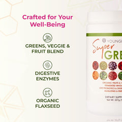 Youngevity Super Greens glass with smoothie conveys a tasty, on-the-go greens option.