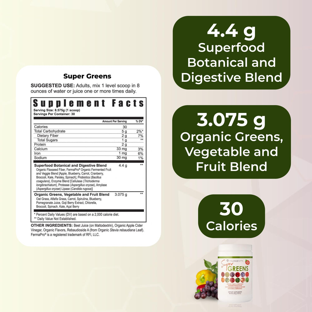 Youngevity Super Greens powder dispense demonstrates accurate scooping for consistent serving.