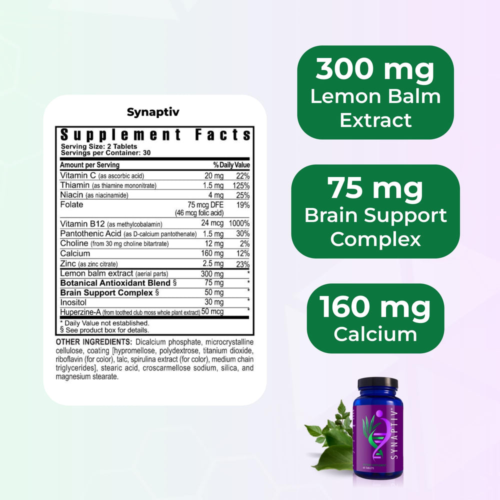 Youngevity Synaptiv ingredients display featuring ginkgo and huperzine for focus and memory support.