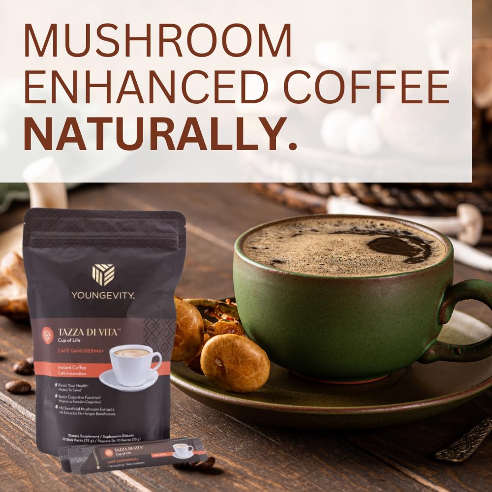 Steaming cup of Youngevity Ganoderma coffee with aromatic notes