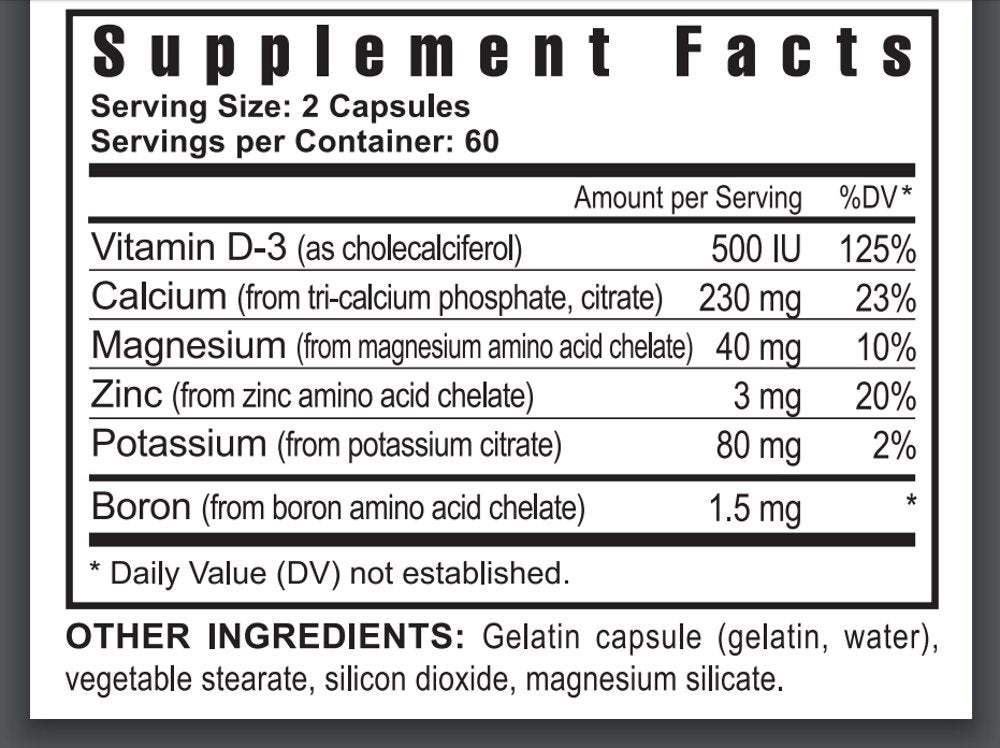 Youngevity Ultimate CAL label closeup highlighting D-3, magnesium, boron and absorption-friendly design.