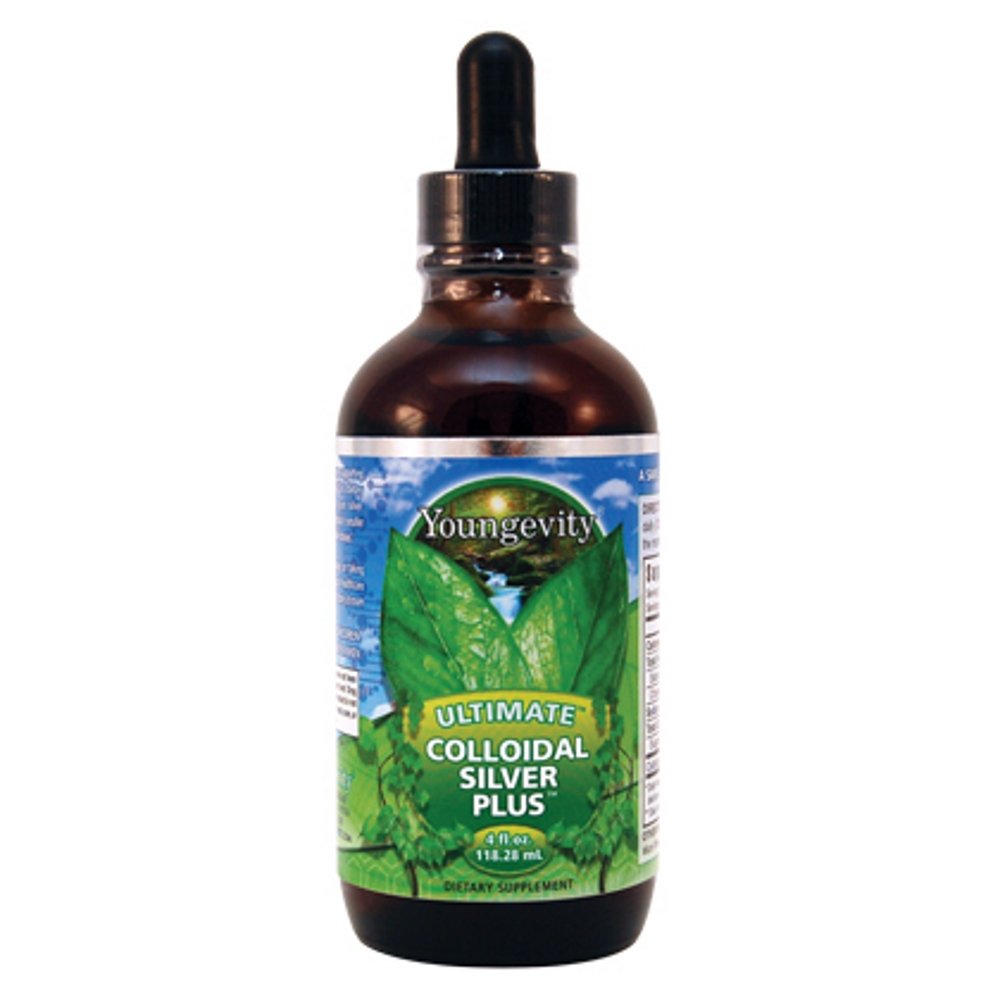 Youngevity Ultimate Colloidal Silver bottle with dropper showing micro-fine particles for immune support