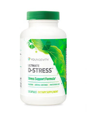 Youngevity Ultimate D-Stress bottle cap showing easy daily capsules for on-the-go calm