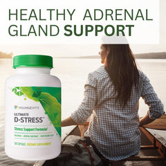Youngevity Ultimate D-Stress bottle with a glass of water, illustrating a simple daily routine
