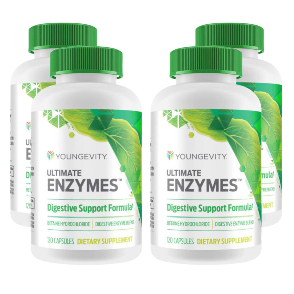 Youngevity Ultimate Enzymes bottle pour supports digestion during meals.
