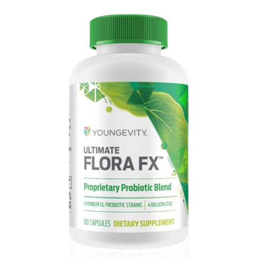 Youngevity Ultimate Flora FX bottle front view highlighting branding and packaging.