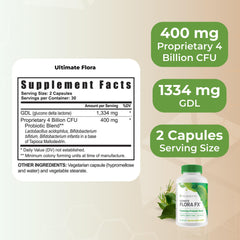 Youngevity Ultimate Flora FX bottle label close-up emphasizing product details.