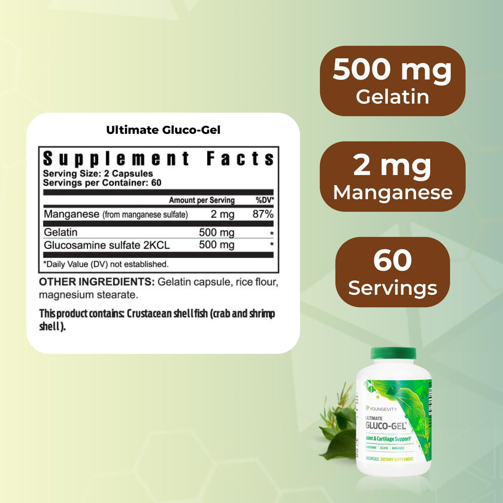 Youngevity Ultimate Gluco Gel capsules in container for daily use.