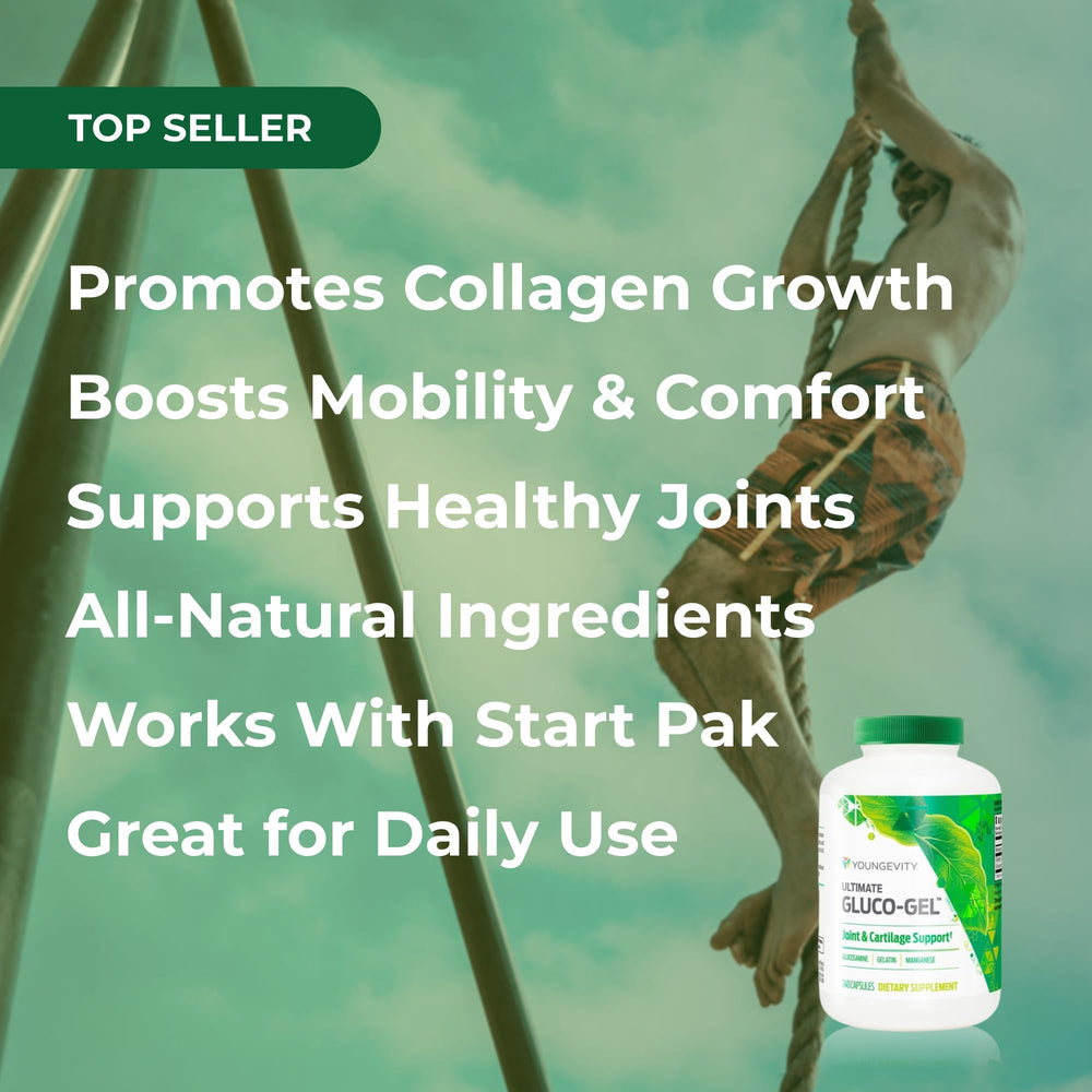 Youngevity Ultimate Gluco Gel pouring capsules into a hand.