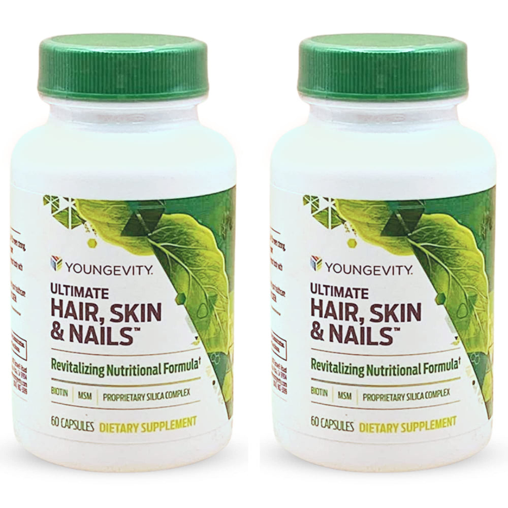 Youngevity Ultimate Hair, Skin and Nails bottle with capsules supports hair health.