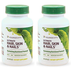 Youngevity Ultimate Hair, Skin and Nails bottle with capsules supports hair health.