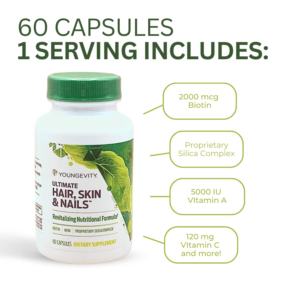 Hair close-up with Youngevity capsules suggests support for polished strands.